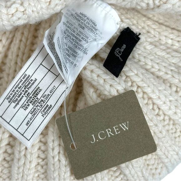 J.Crew Ivory Ribbed Knit Faux Fur Pom Pom Wool Cashmere Blend Beanie Hat - Picture 4 of 6